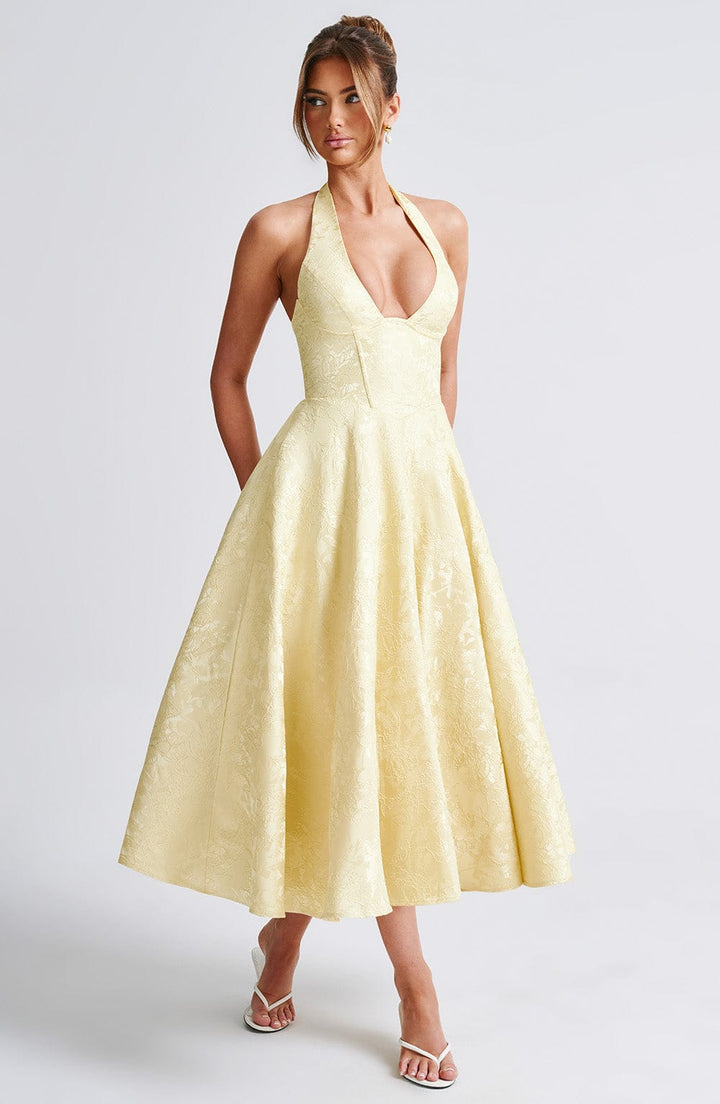 Kylee - Warm Stylish Halter Midi Wedding Guest Dress