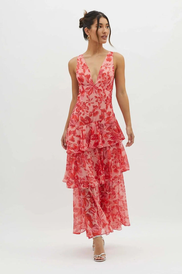 Jazmin - Stylish Warm Tiered Long Sleeve Maxi Floral Dress