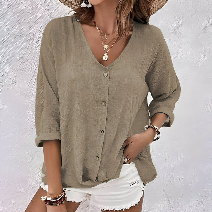 Rivka - Effortless V Neck Button Womens Blouse