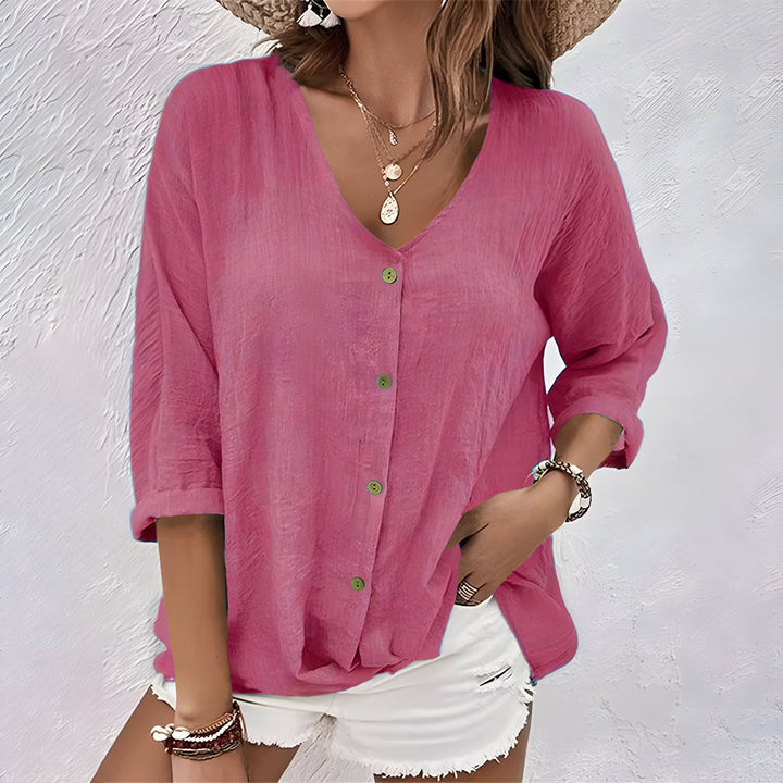 Rivka - Effortless V Neck Button Womens Blouse