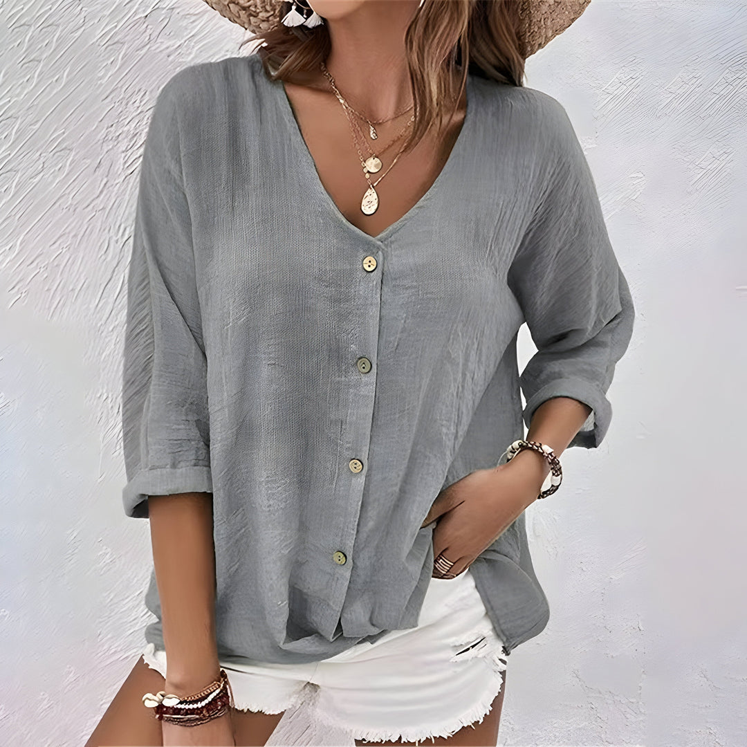 Rivka - Effortless V Neck Button Womens Blouse