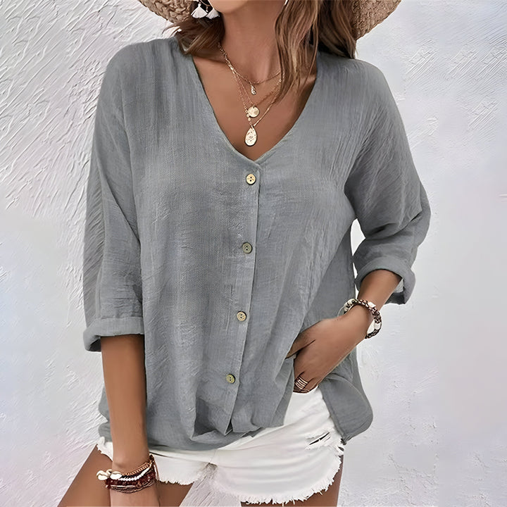Rivka - Effortless V Neck Button Womens Blouse