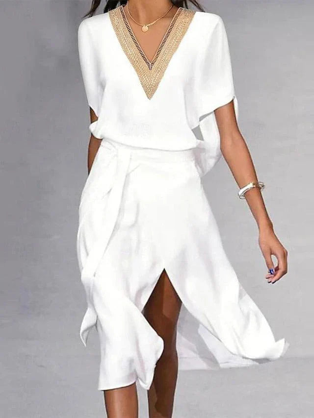Cindy - Stylish Warm V Neck White Midi Dress