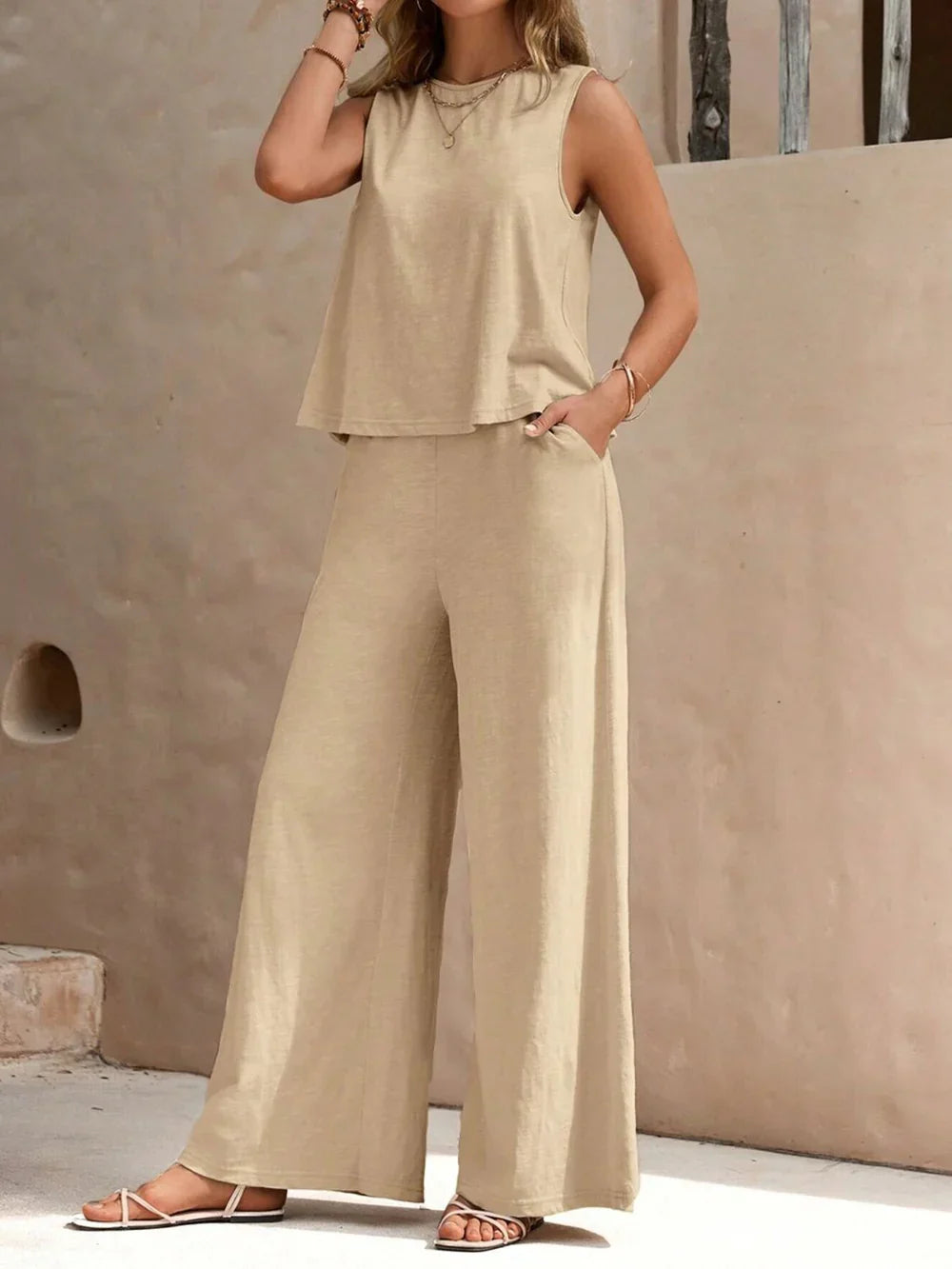 Imani - Warm Sleeveless Wide Leg Pants Two Piece Sets